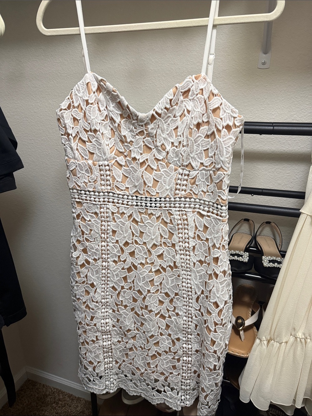 Lulu's White Lace Floral Mini Dress with Nude Underlay